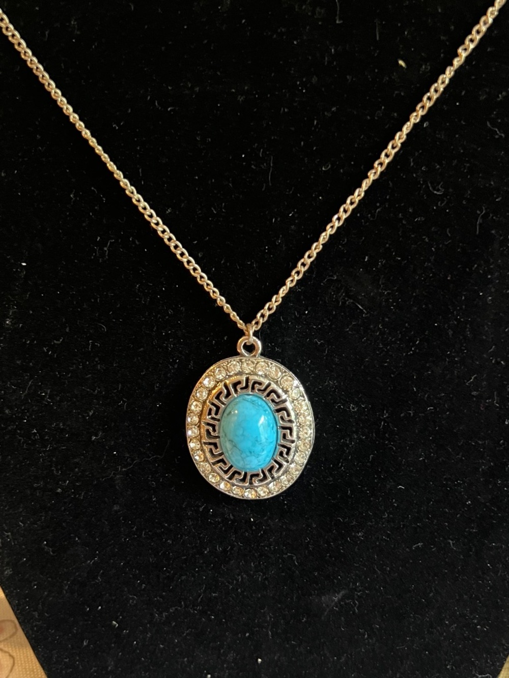 Greek Key Necklace Oval Turquoise Center Stone w 28 Crystals 12" Silver Chain - Picture 5 of 6